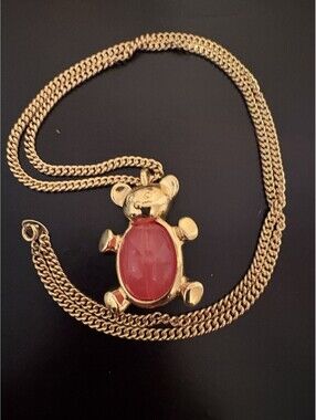 Whimsical  HTF Trifari Jelly Belly Pink Bear 32” Chain GoldTone